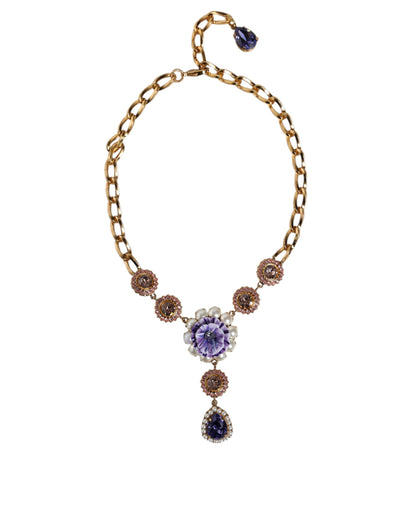 Dolce &amp; Gabbana Gold Brass Crystal Purple Pink Pearl Pendants Necklace