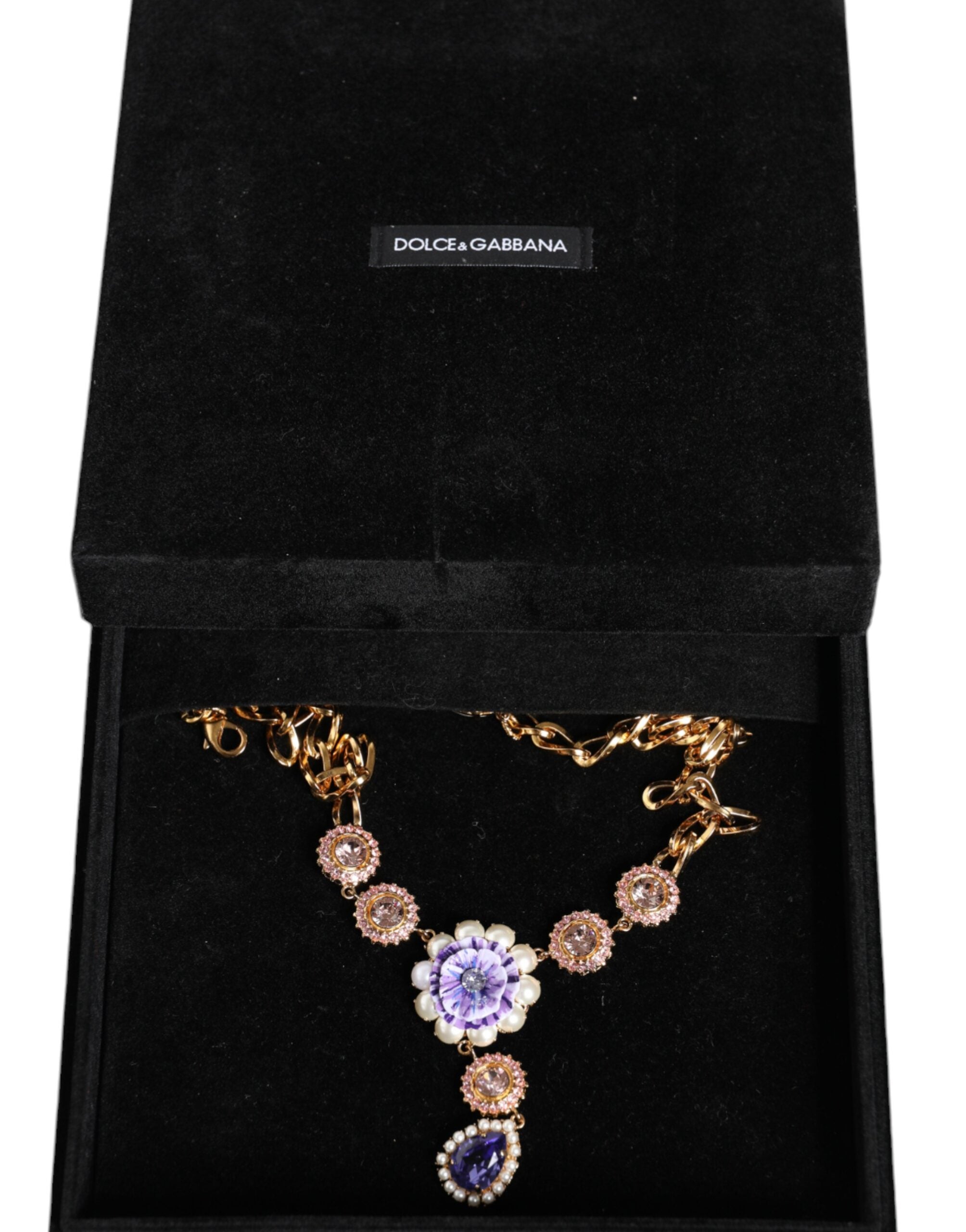 Dolce &amp; Gabbana Gold Brass Crystal Purple Pink Pearl Pendants Necklace