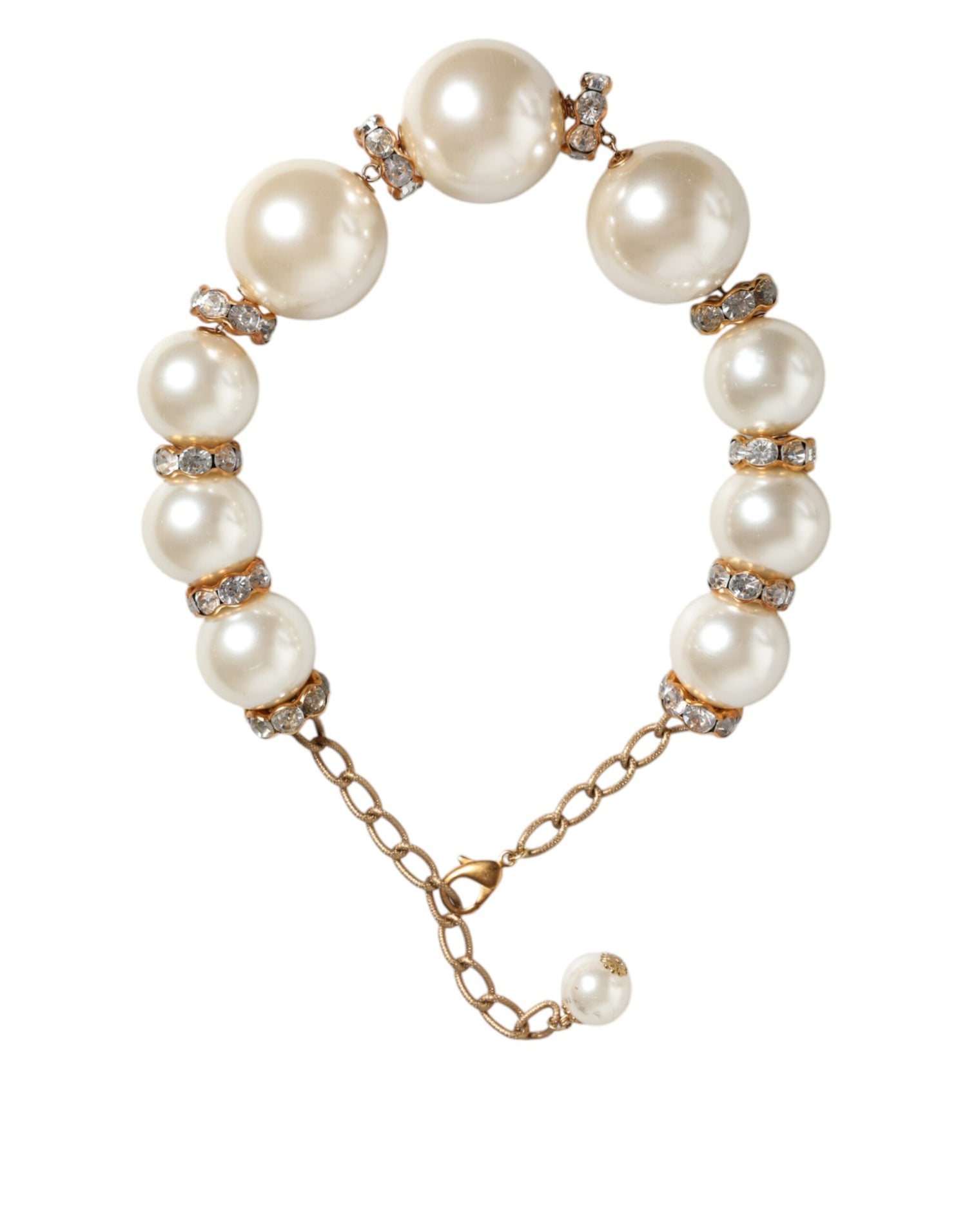 Dolce &amp; Gabbana White Maxi Faux Pearl Beads Crystals Gold Chain Necklace