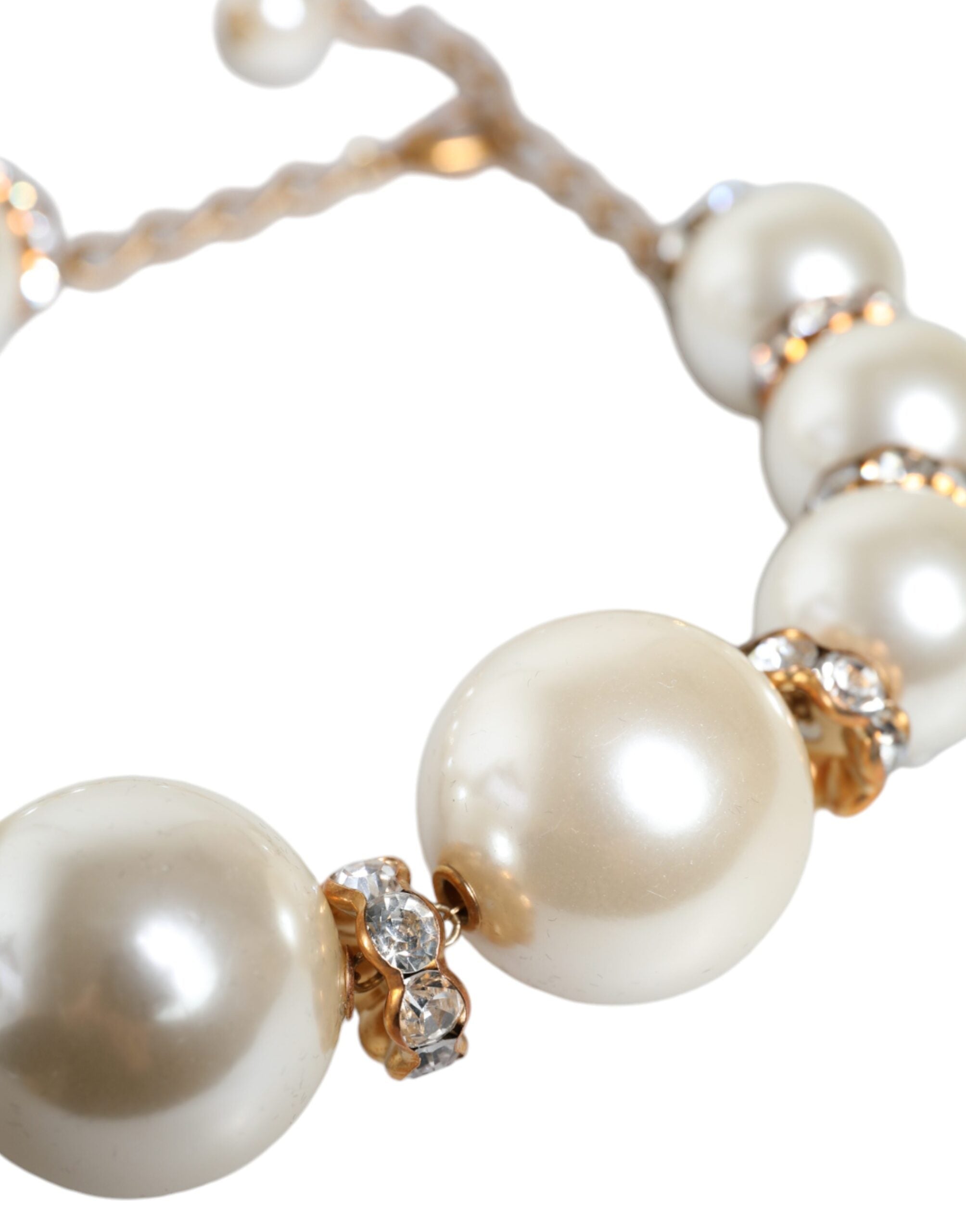 Dolce &amp; Gabbana White Maxi Faux Pearl Beads Crystals Gold Chain Necklace