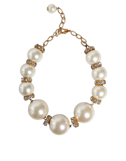 Dolce &amp; Gabbana White Maxi Faux Pearl Beads Crystals Gold Chain Necklace