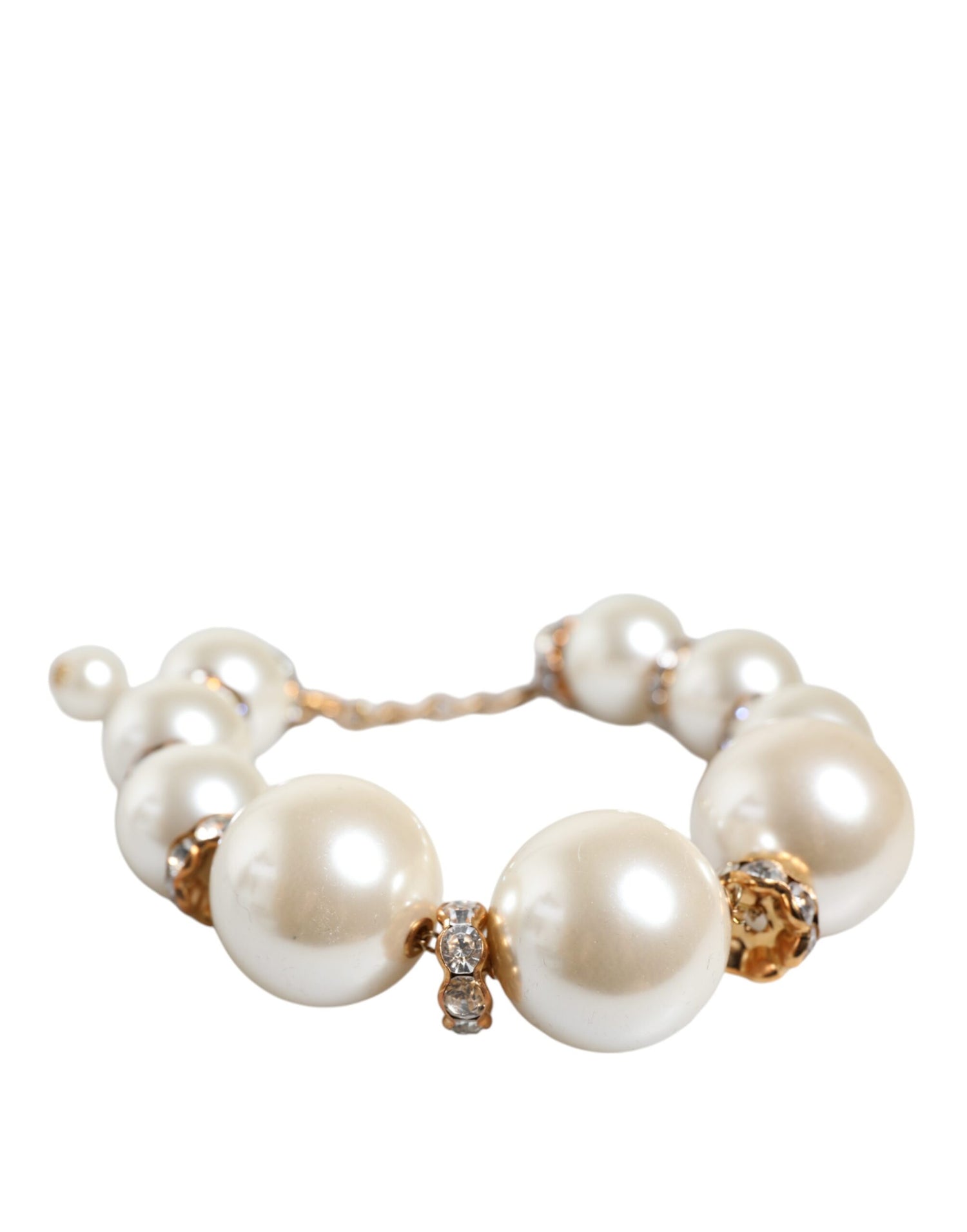 Dolce &amp; Gabbana White Maxi Faux Pearl Beads Crystals Gold Chain Necklace