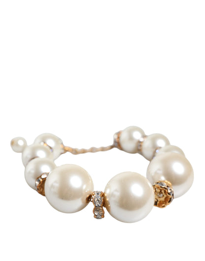 Dolce &amp; Gabbana White Maxi Faux Pearl Beads Crystals Gold Chain Necklace