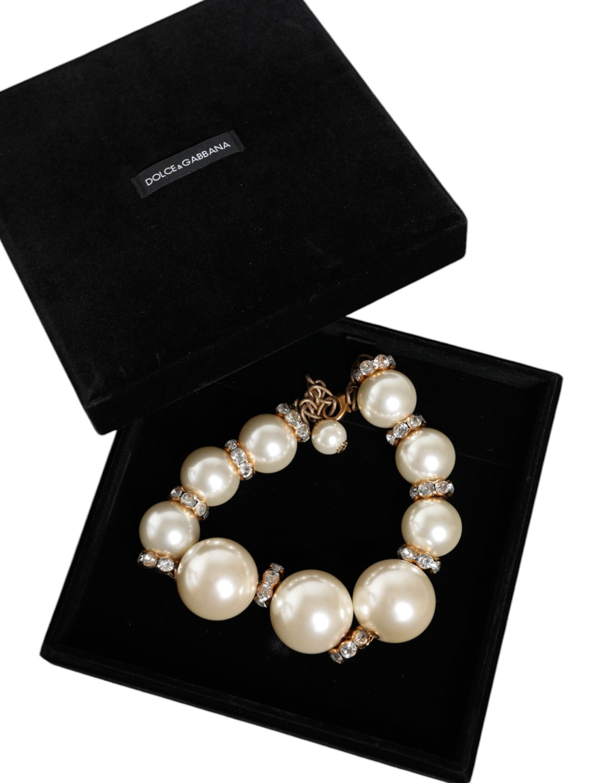 Dolce &amp; Gabbana White Maxi Faux Pearl Beads Crystals Gold Chain Necklace