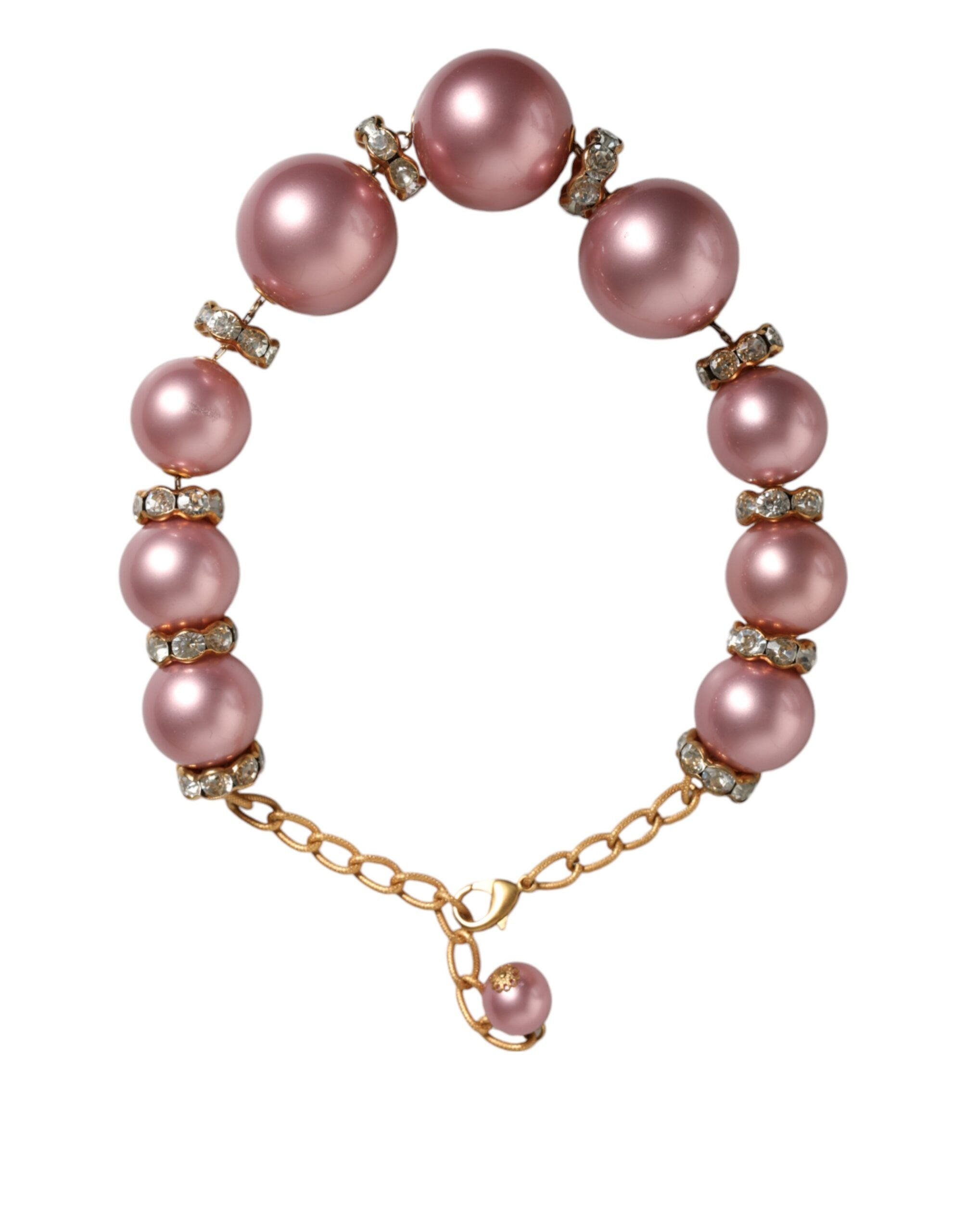 Dolce &amp; Gabbana Pink Maxi Faux Pearl Beads Crystals Gold Chain Necklace