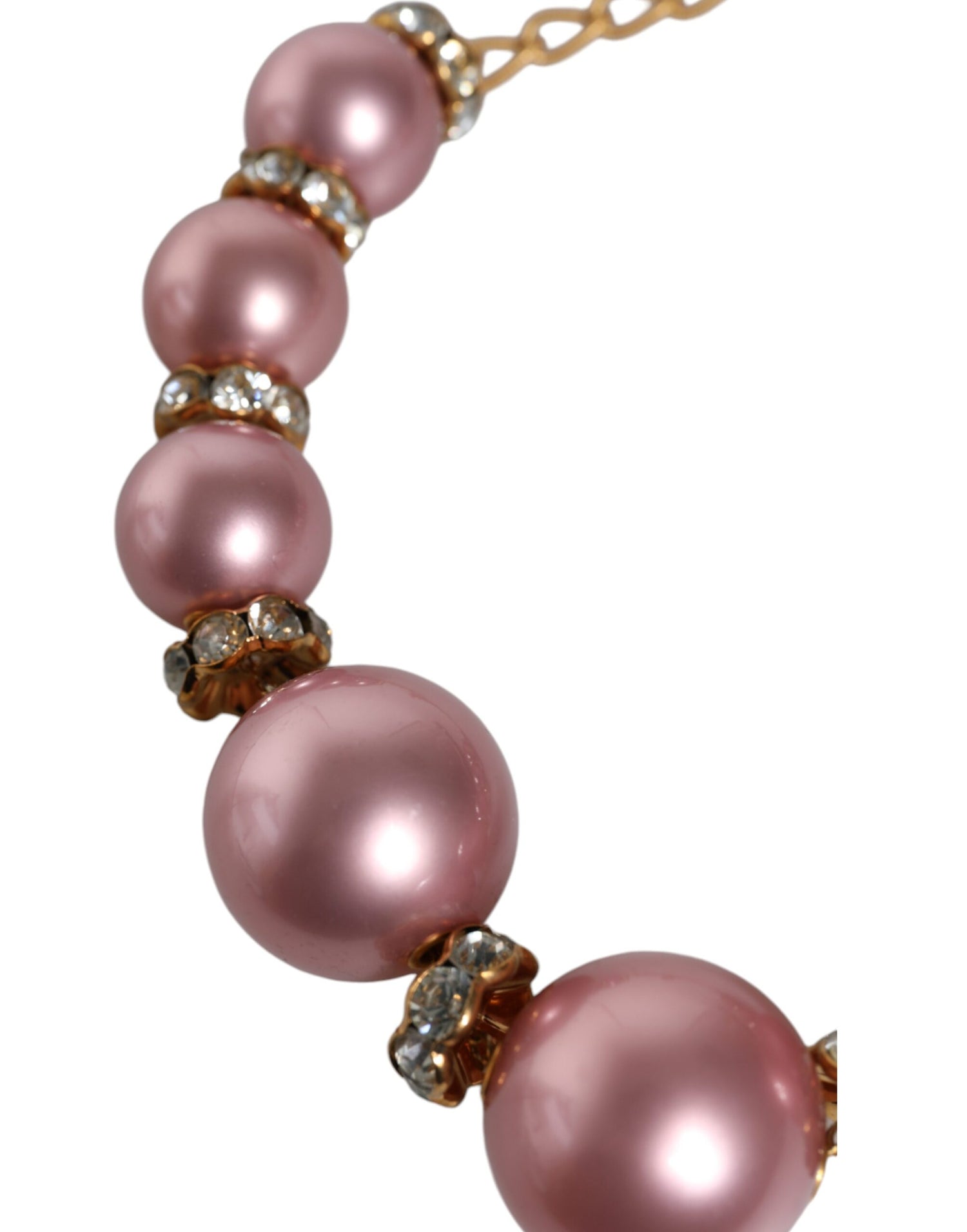 Dolce &amp; Gabbana Pink Maxi Faux Pearl Beads Crystals Gold Chain Necklace