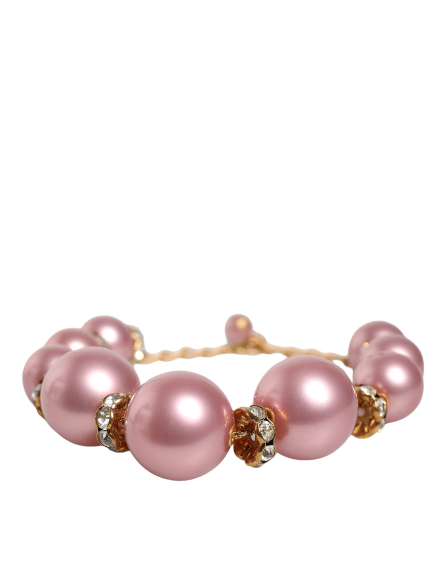 Dolce &amp; Gabbana Pink Maxi Faux Pearl Beads Crystals Gold Chain Necklace