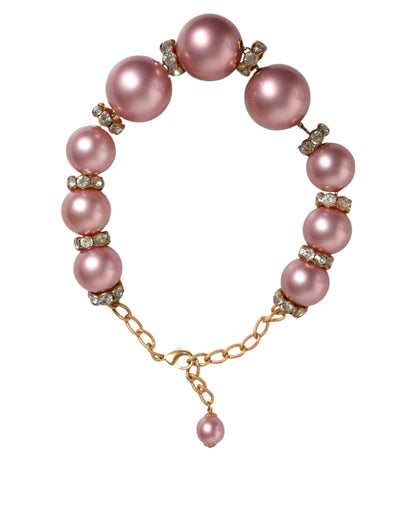 Dolce &amp; Gabbana Pink Maxi Faux Pearl Beads Crystals Gold Chain Necklace