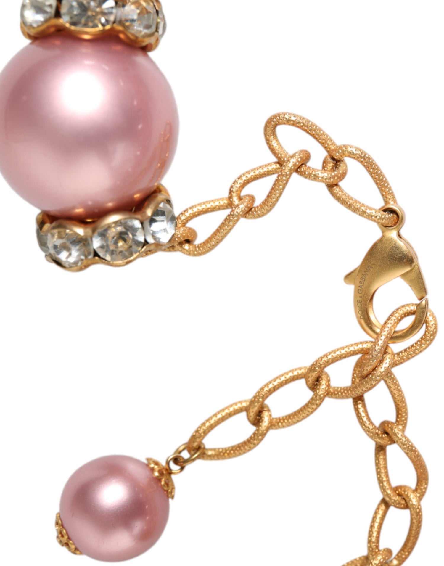 Dolce &amp; Gabbana Pink Maxi Faux Pearl Beads Crystals Gold Chain Necklace