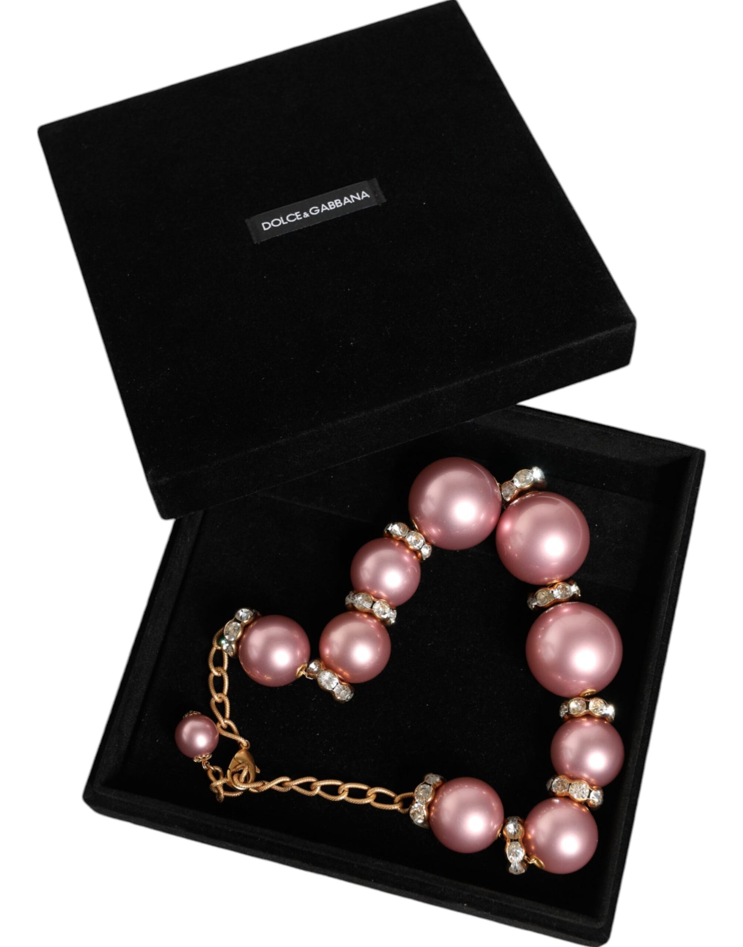 Dolce &amp; Gabbana Pink Maxi Faux Pearl Beads Crystals Gold Chain Necklace