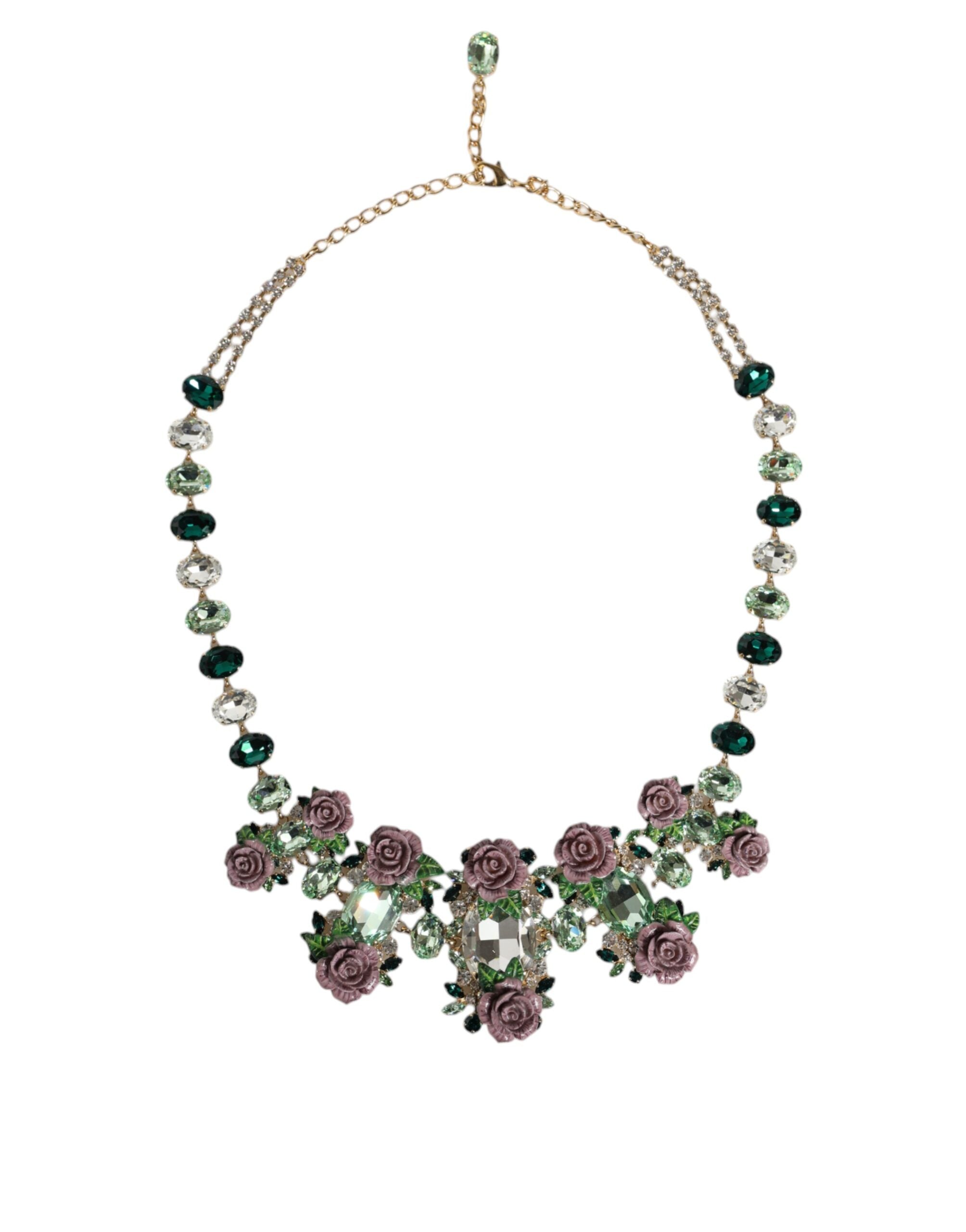 Dolce &amp; Gabbana Gold Brass Link Chain Rose Petal Crystal Embellished Necklace