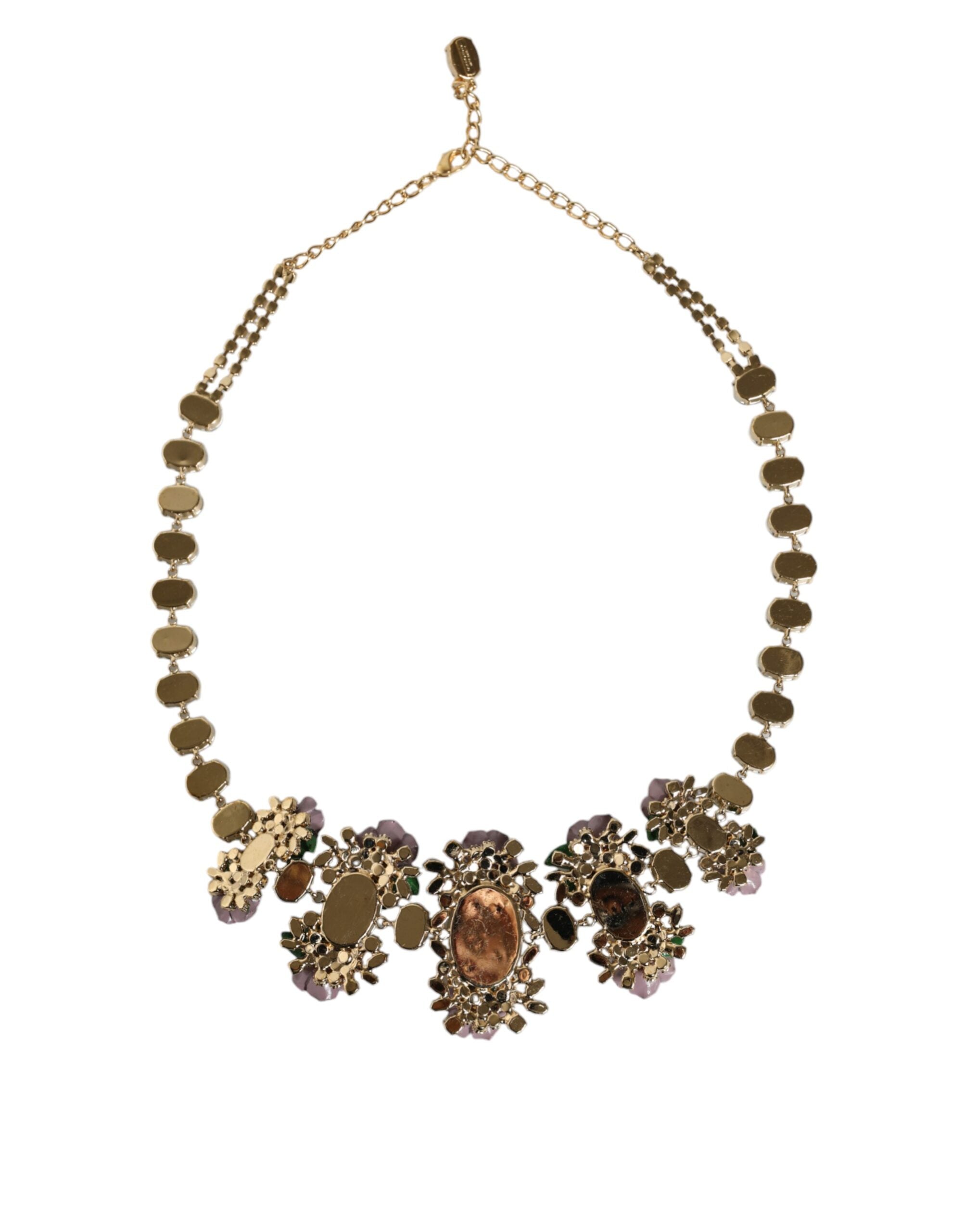 Dolce &amp; Gabbana Gold Brass Link Chain Rose Petal Crystal Embellished Necklace