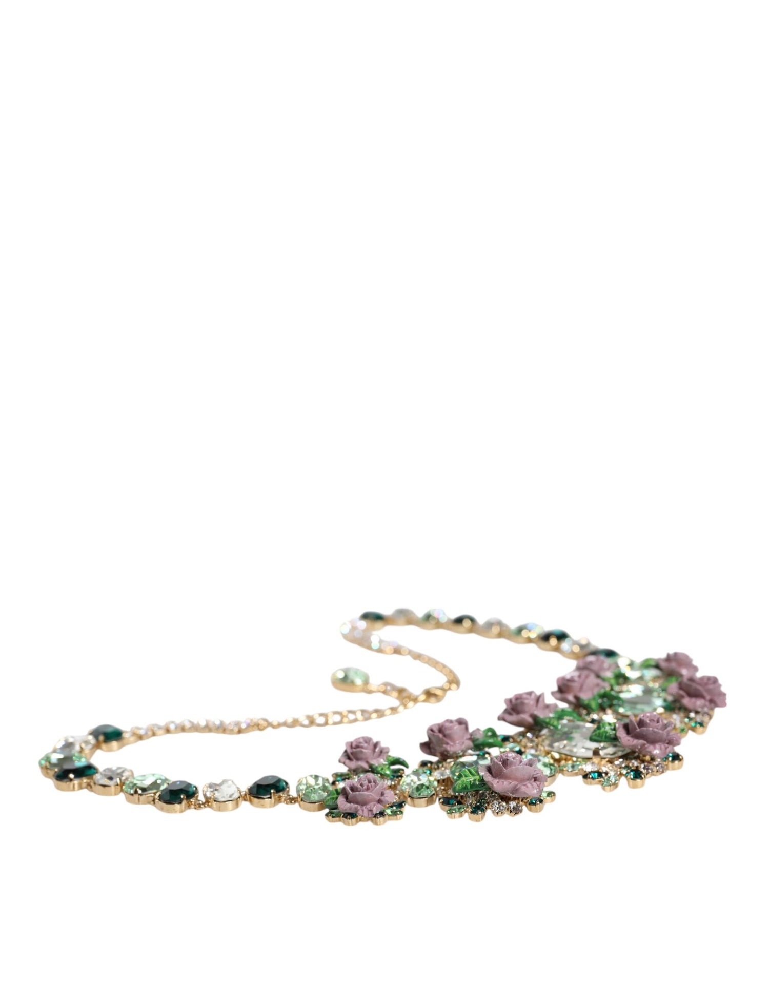 Dolce &amp; Gabbana Gold Brass Link Chain Rose Petal Crystal Embellished Necklace