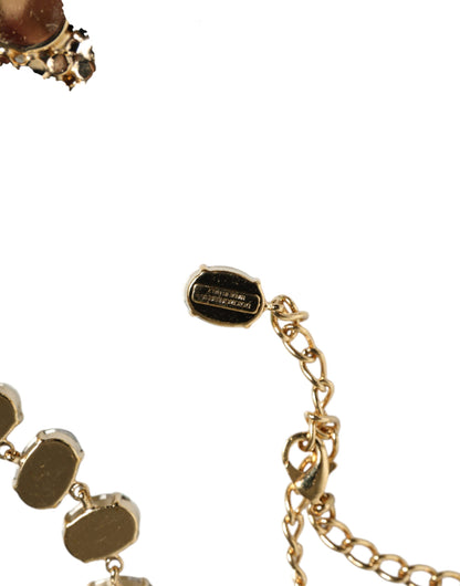 Dolce &amp; Gabbana Gold Brass Link Chain Rose Petal Crystal Embellished Necklace