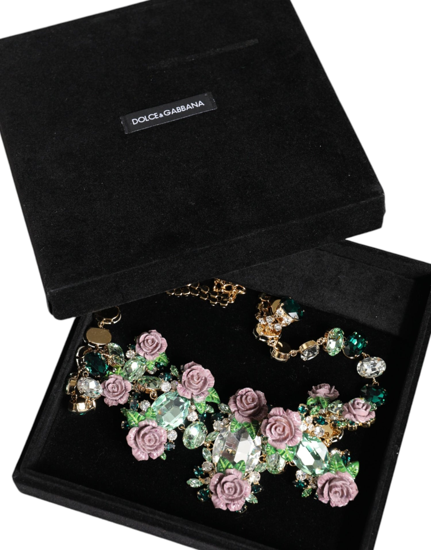 Dolce &amp; Gabbana Gold Brass Link Chain Rose Petal Crystal Embellished Necklace