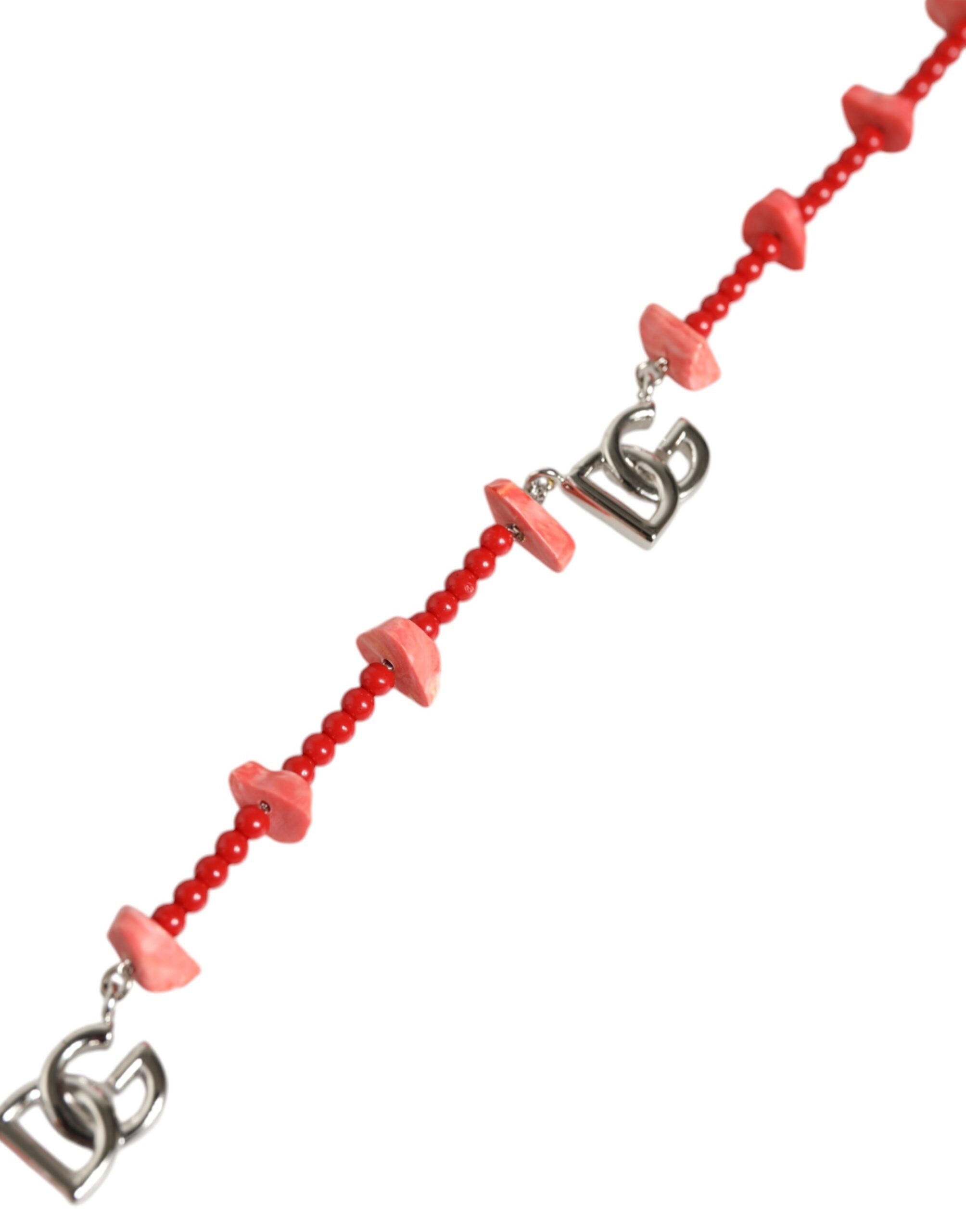 Dolce &amp; Gabbana Silver Tone Brass Beaded Resin DG Logo Chain Necklace