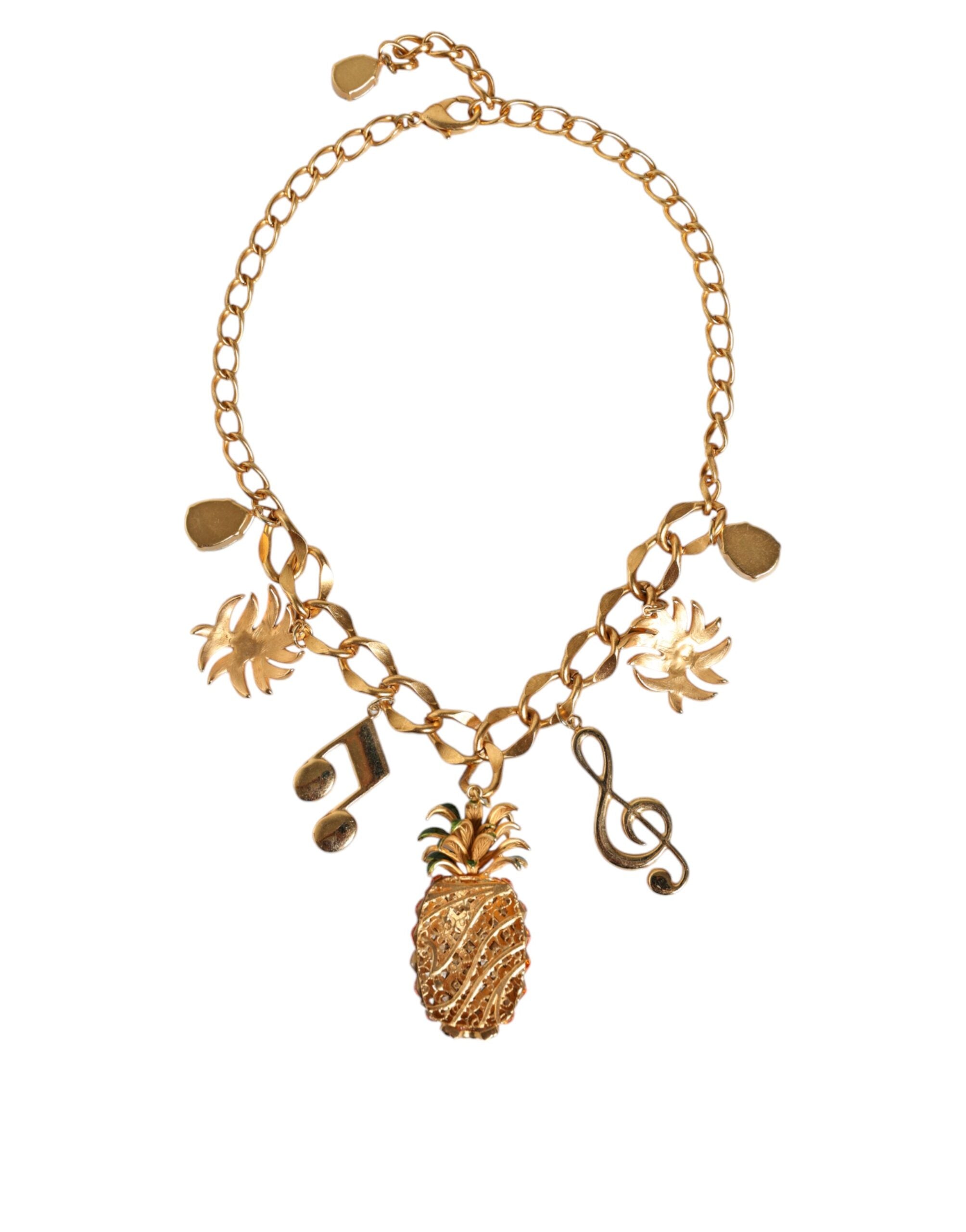 Dolce &amp; Gabbana Gold Tone Brass Chain Pineapple Crystal Musical Necklace