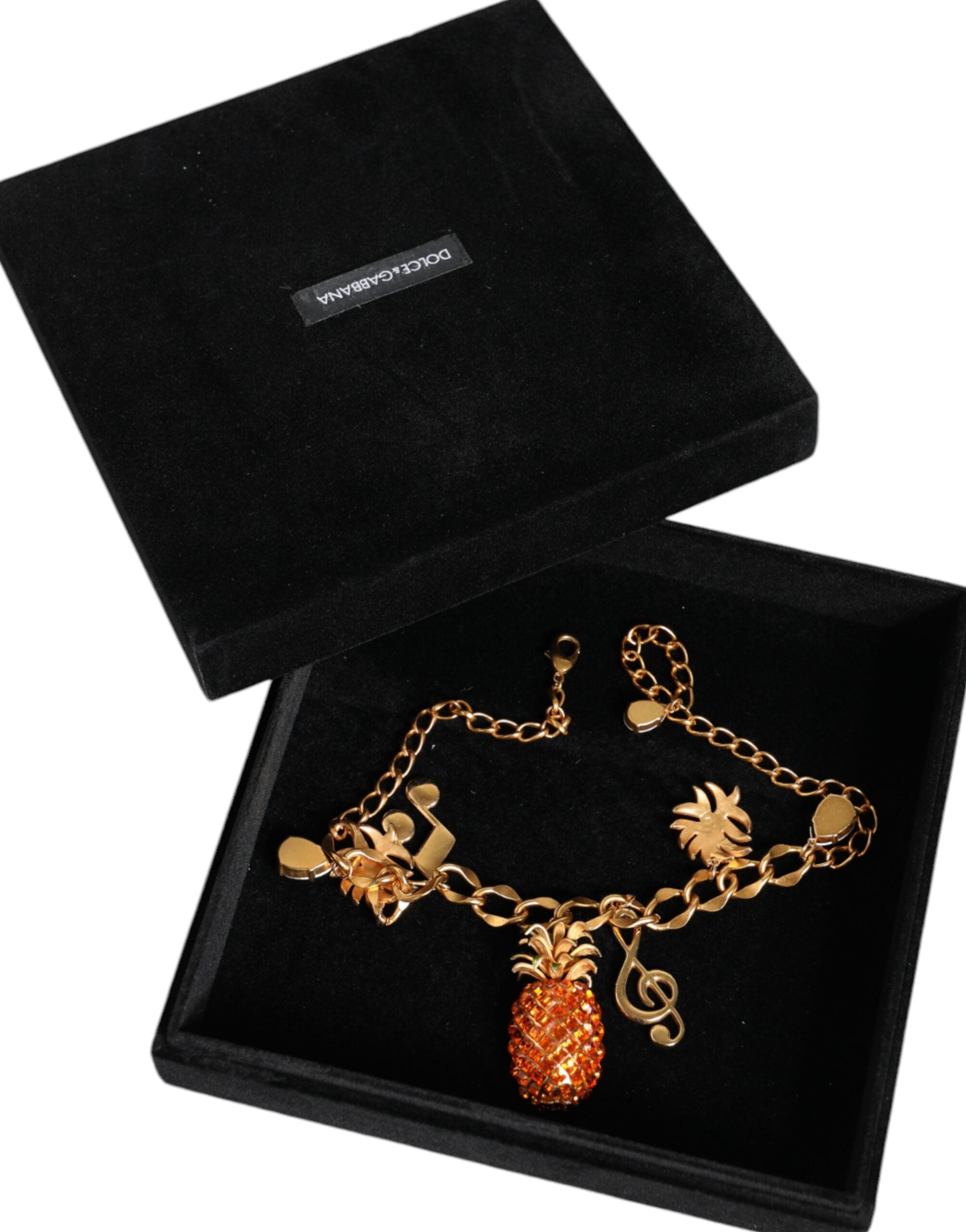 Dolce &amp; Gabbana Gold Tone Brass Chain Pineapple Crystal Musical Necklace