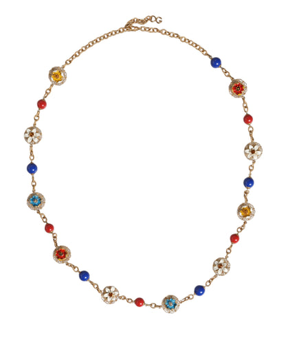 Dolce &amp; Gabbana Gold Tone Brass Chain Floral Crystal Beaded Necklace