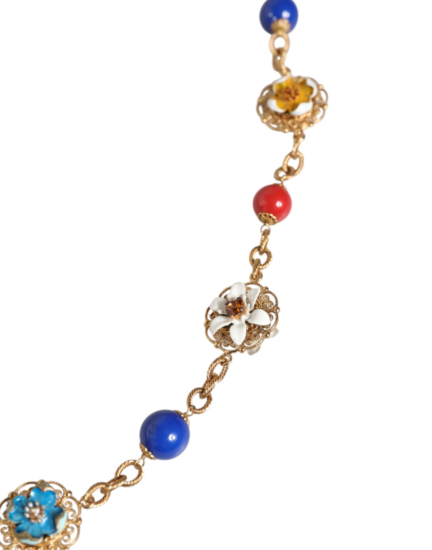 Dolce &amp; Gabbana Gold Tone Brass Chain Floral Crystal Beaded Necklace