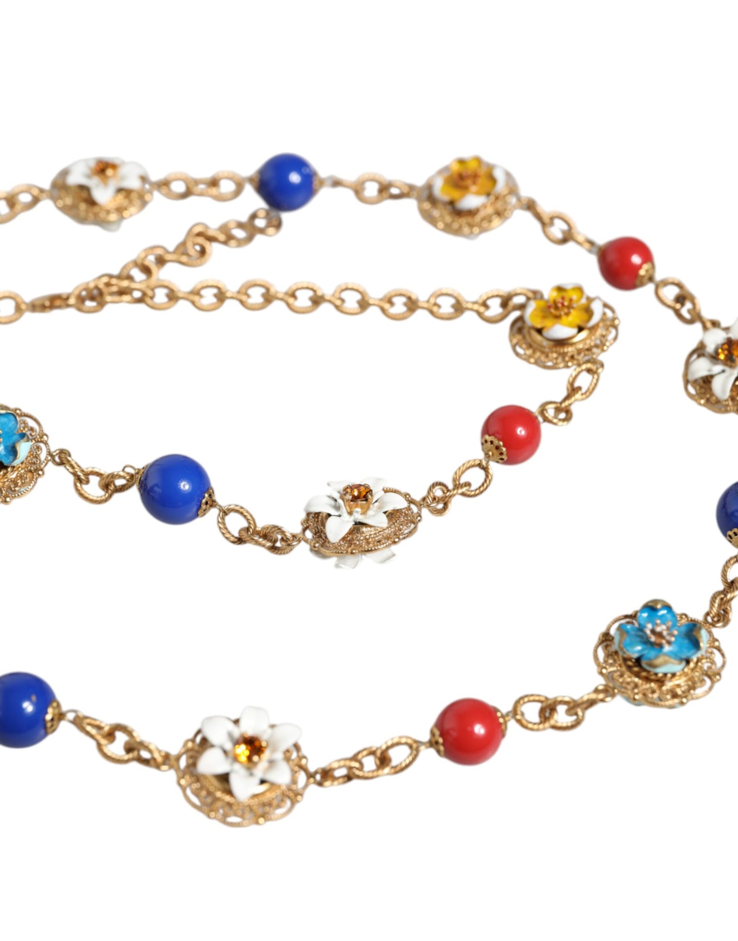 Dolce &amp; Gabbana Gold Tone Brass Chain Floral Crystal Beaded Necklace