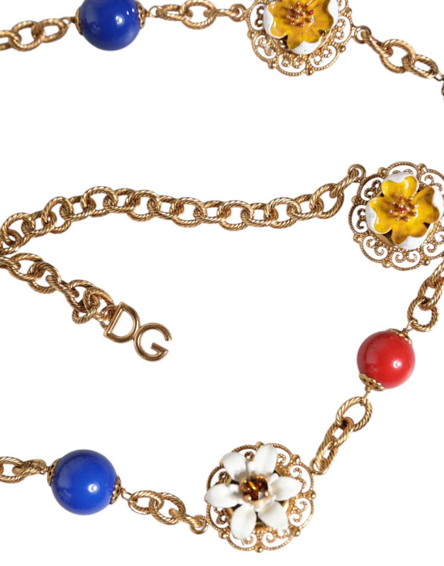 Dolce &amp; Gabbana Gold Tone Brass Chain Floral Crystal Beaded Necklace