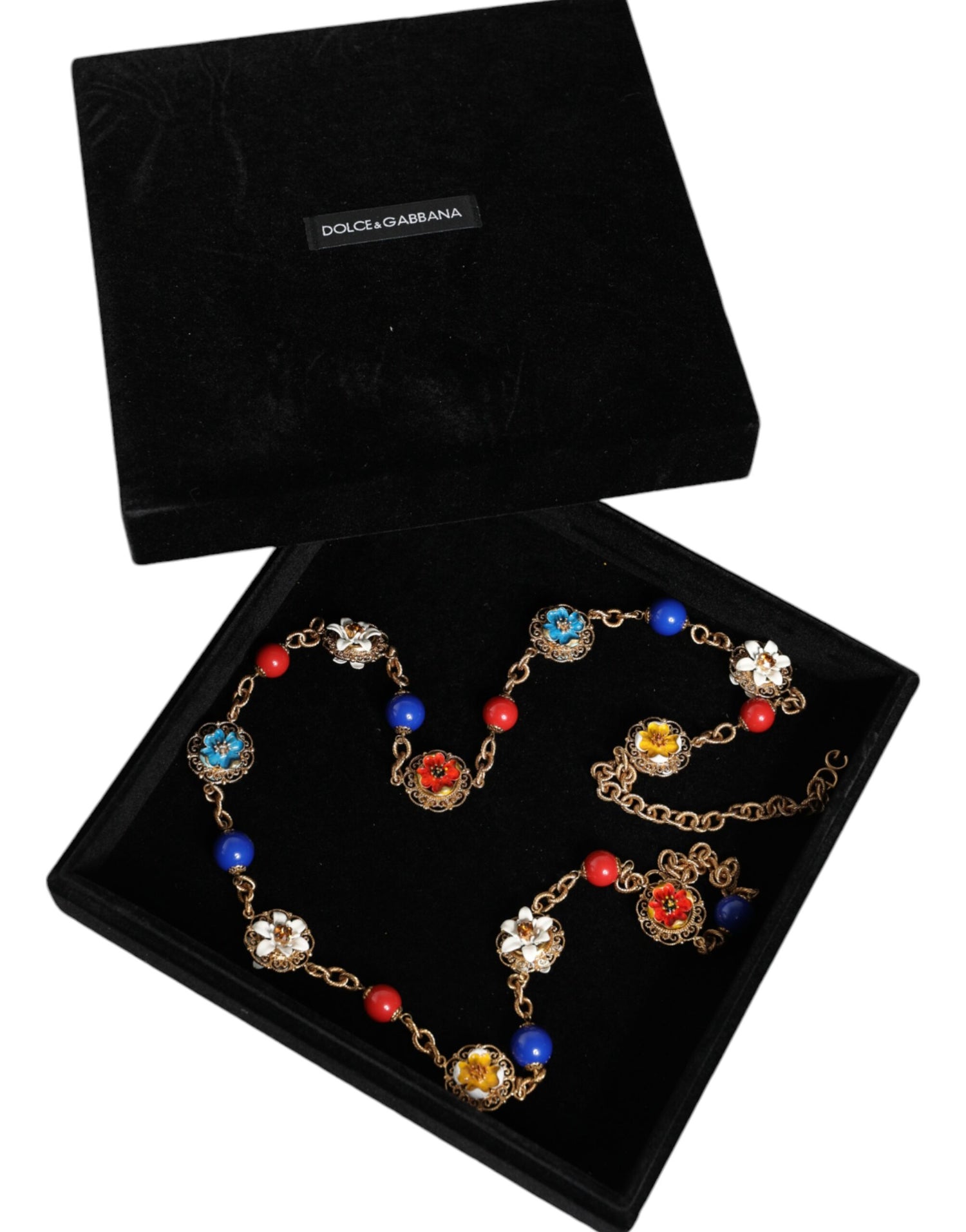 Dolce &amp; Gabbana Gold Tone Brass Chain Floral Crystal Beaded Necklace