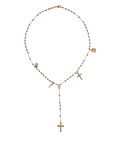 Dolce &amp; Gabbana Gold Chain Brass Beaded Rosary Cross Pendant Necklace