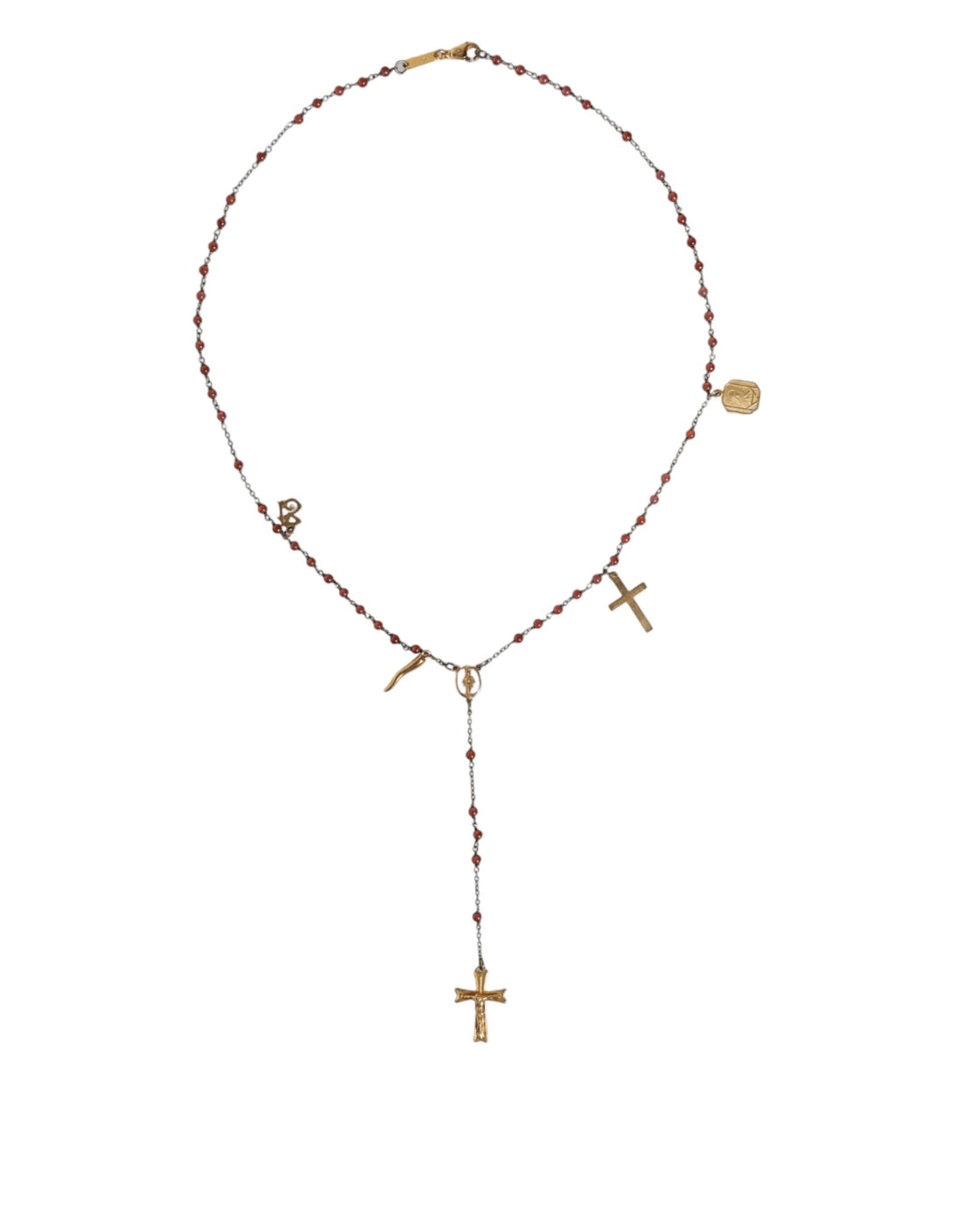 Dolce &amp; Gabbana Gold Chain Brass Beaded Rosary Cross Pendant Necklace