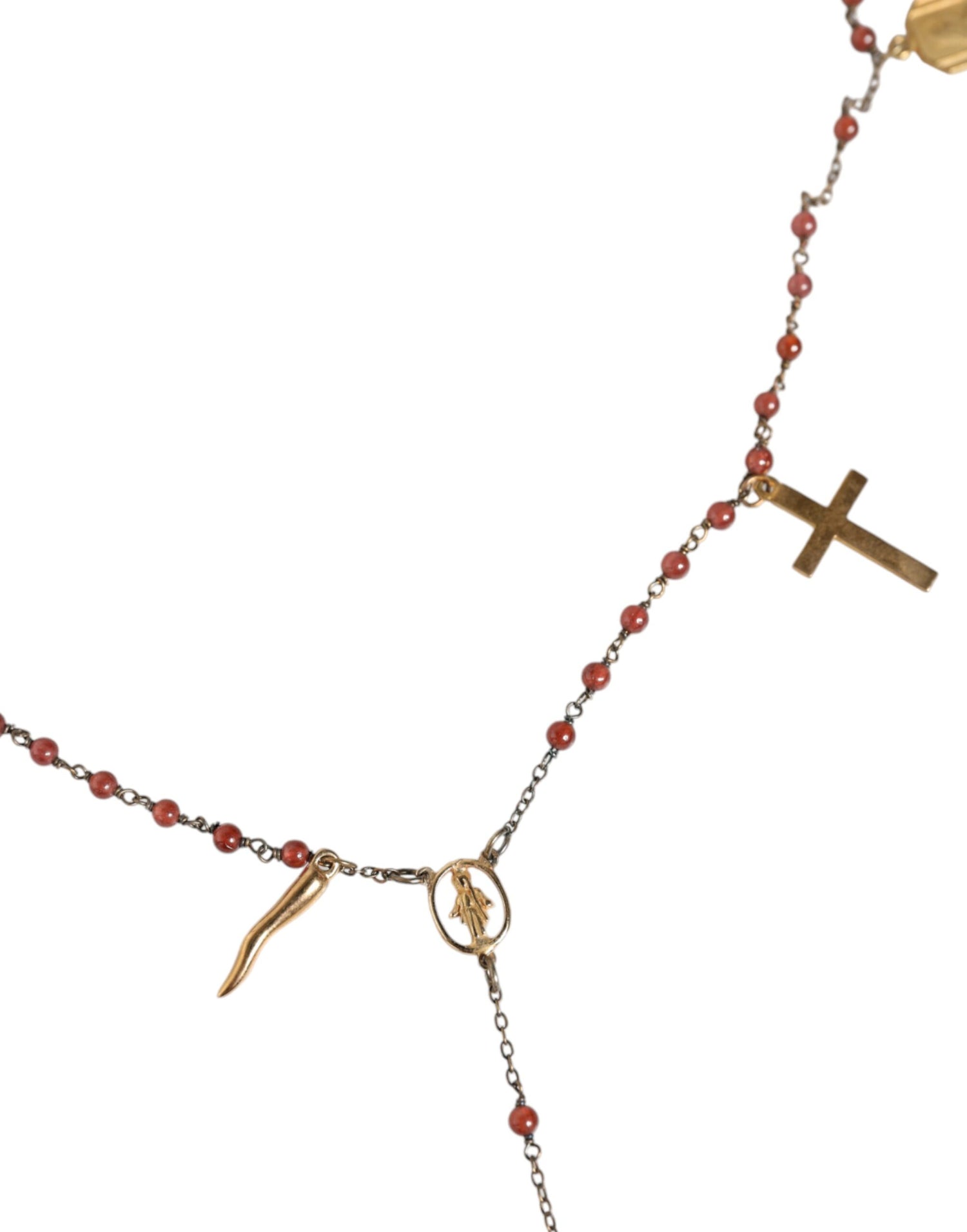 Dolce &amp; Gabbana Gold Chain Brass Beaded Rosary Cross Pendant Necklace