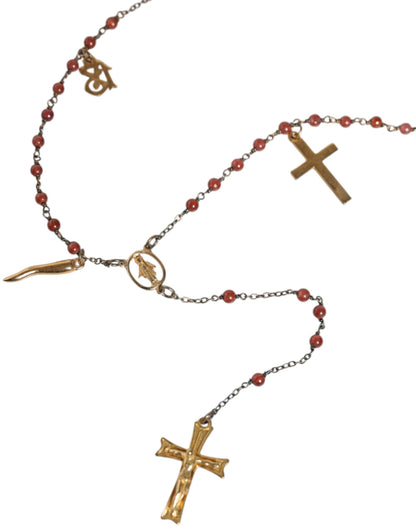 Dolce &amp; Gabbana Gold Chain Brass Beaded Rosary Cross Pendant Necklace