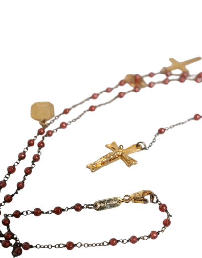 Dolce &amp; Gabbana Gold Chain Brass Beaded Rosary Cross Pendant Necklace