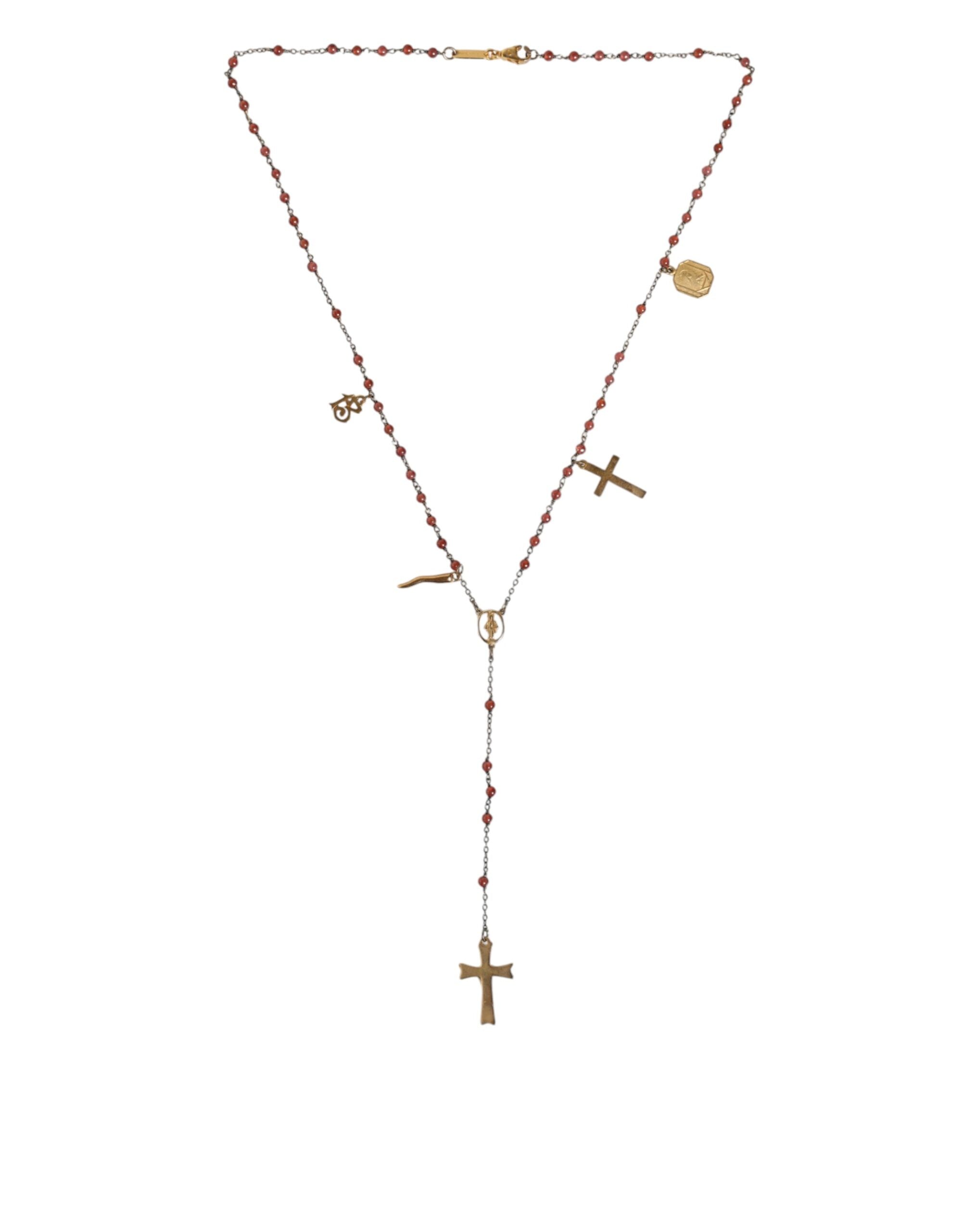 Dolce &amp; Gabbana Gold Chain Brass Beaded Rosary Cross Pendant Necklace