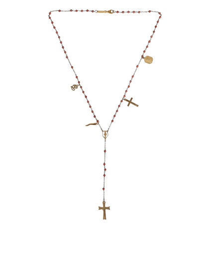 Dolce &amp; Gabbana Gold Chain Brass Beaded Rosary Cross Pendant Necklace