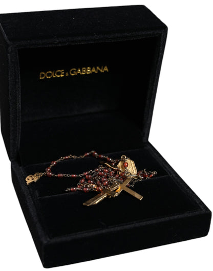 Dolce &amp; Gabbana Gold Chain Brass Beaded Rosary Cross Pendant Necklace