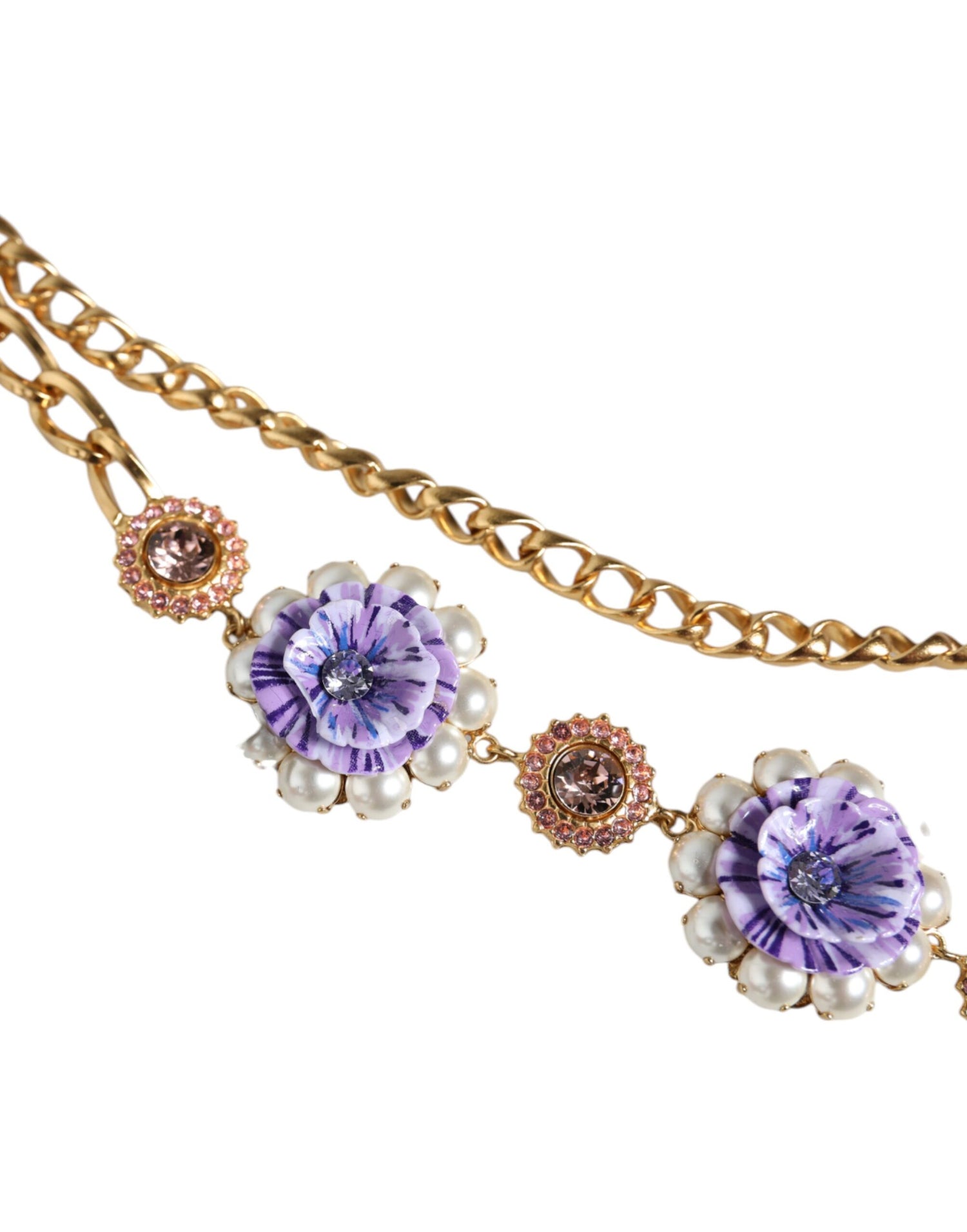 Dolce &amp; Gabbana Gold Tone Floral Crystals Embellished Layered Necklace