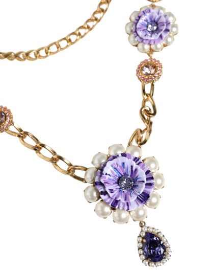 Dolce &amp; Gabbana Gold Tone Floral Crystals Embellished Layered Necklace