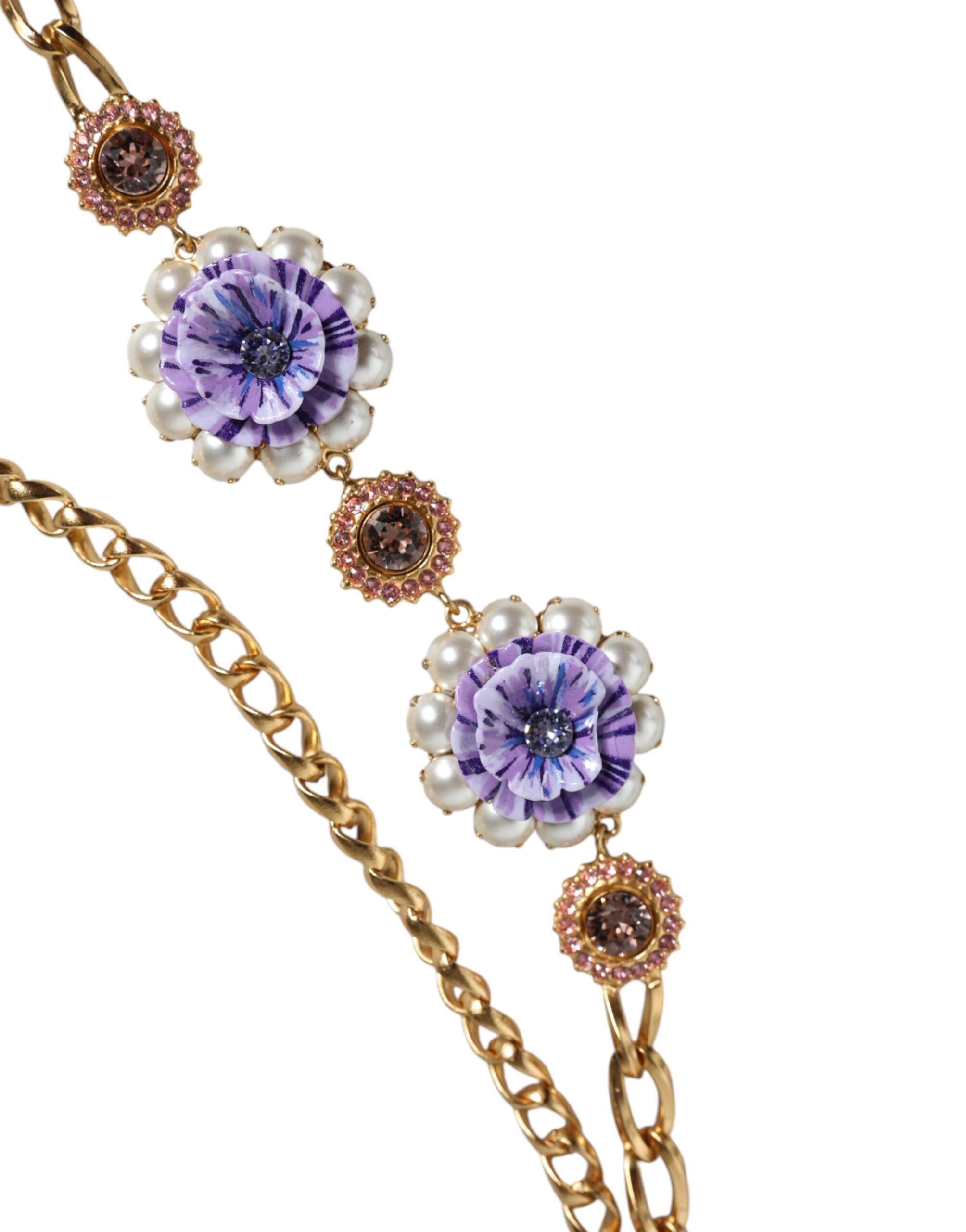 Dolce &amp; Gabbana Gold Tone Floral Crystals Embellished Layered Necklace