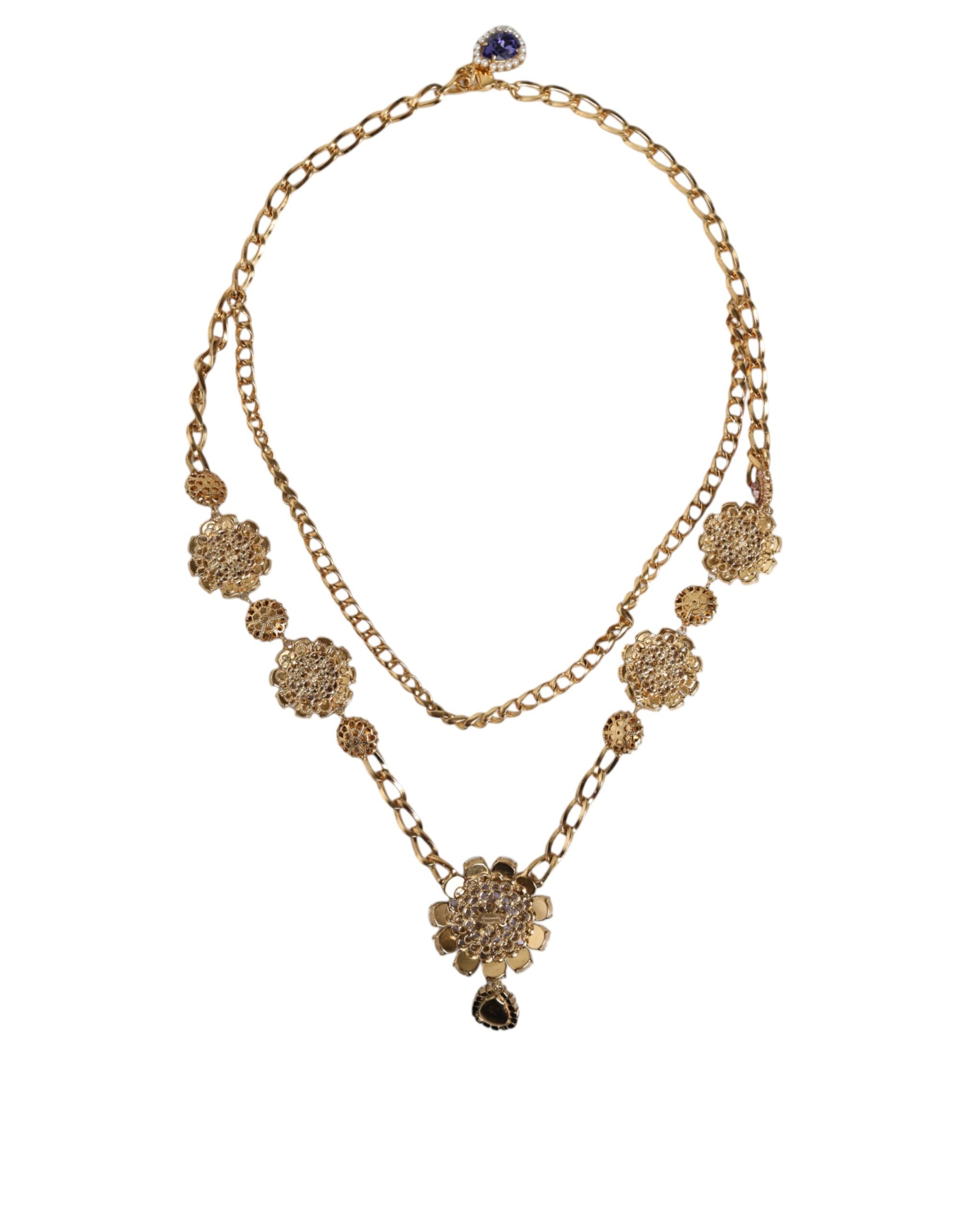 Dolce &amp; Gabbana Gold Tone Floral Crystals Embellished Layered Necklace