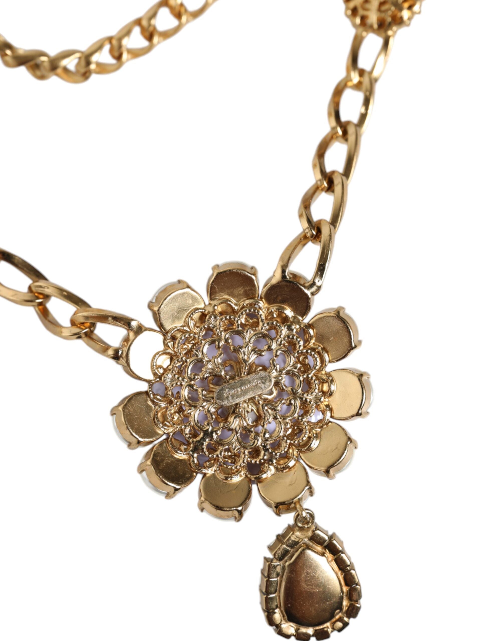 Dolce &amp; Gabbana Gold Tone Floral Crystals Embellished Layered Necklace