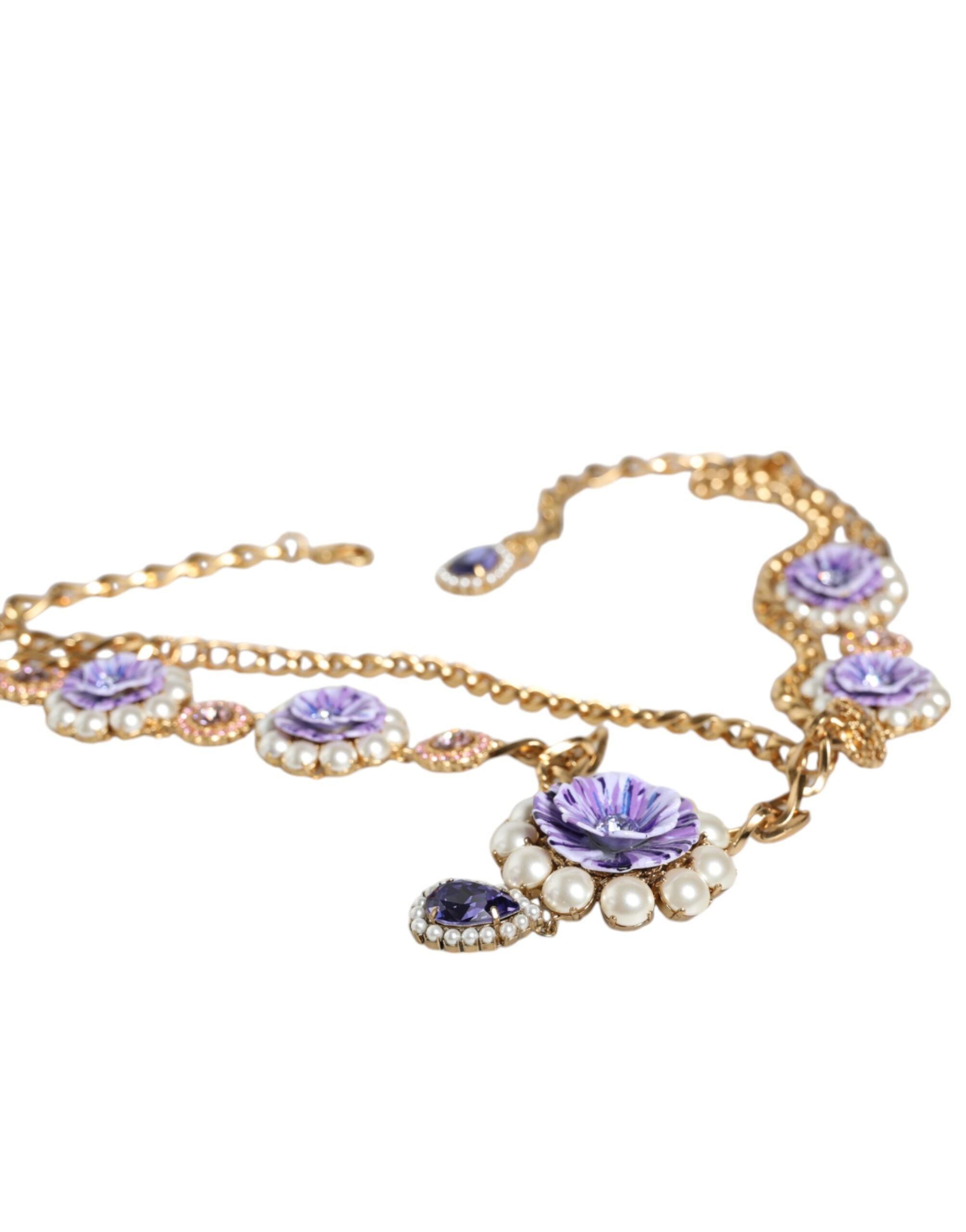 Dolce &amp; Gabbana Gold Tone Floral Crystals Embellished Layered Necklace