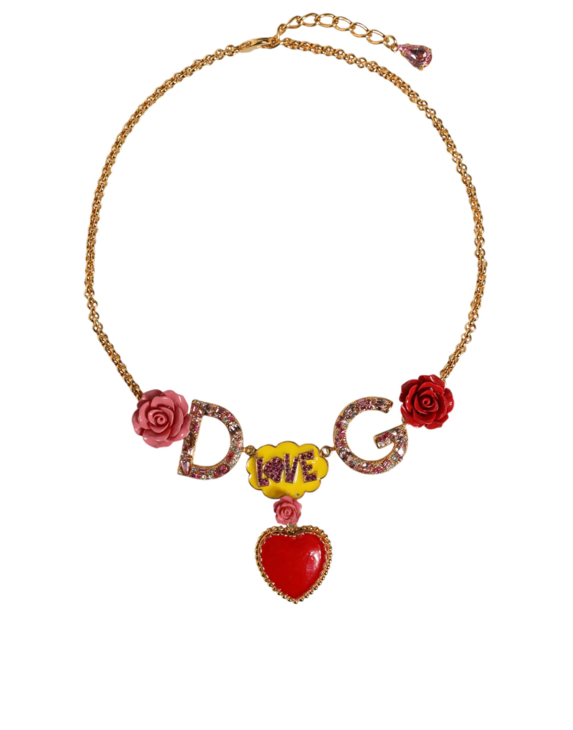 Dolce &amp; Gabbana Gold Chain DG Logo Rose Love Crystal Charm Necklace