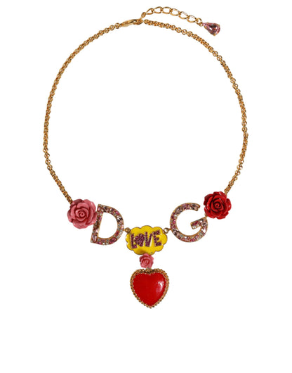 Dolce &amp; Gabbana Gold Chain DG Logo Rose Love Crystal Charm Necklace