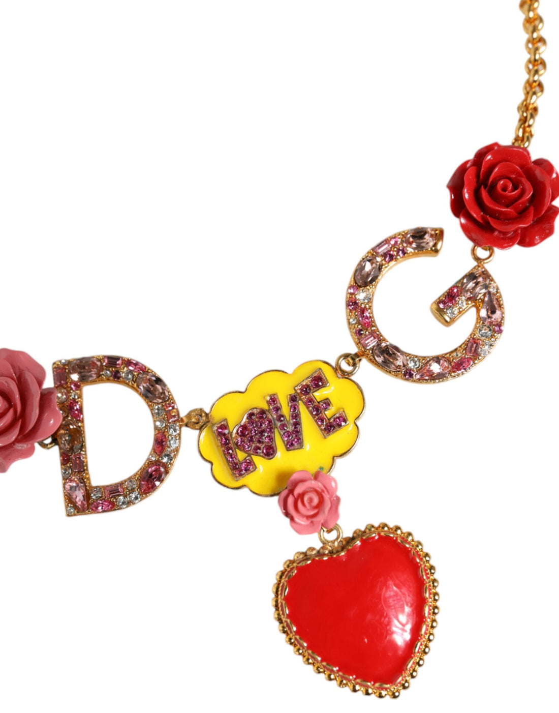 Dolce &amp; Gabbana Gold Chain DG Logo Rose Love Crystal Charm Necklace