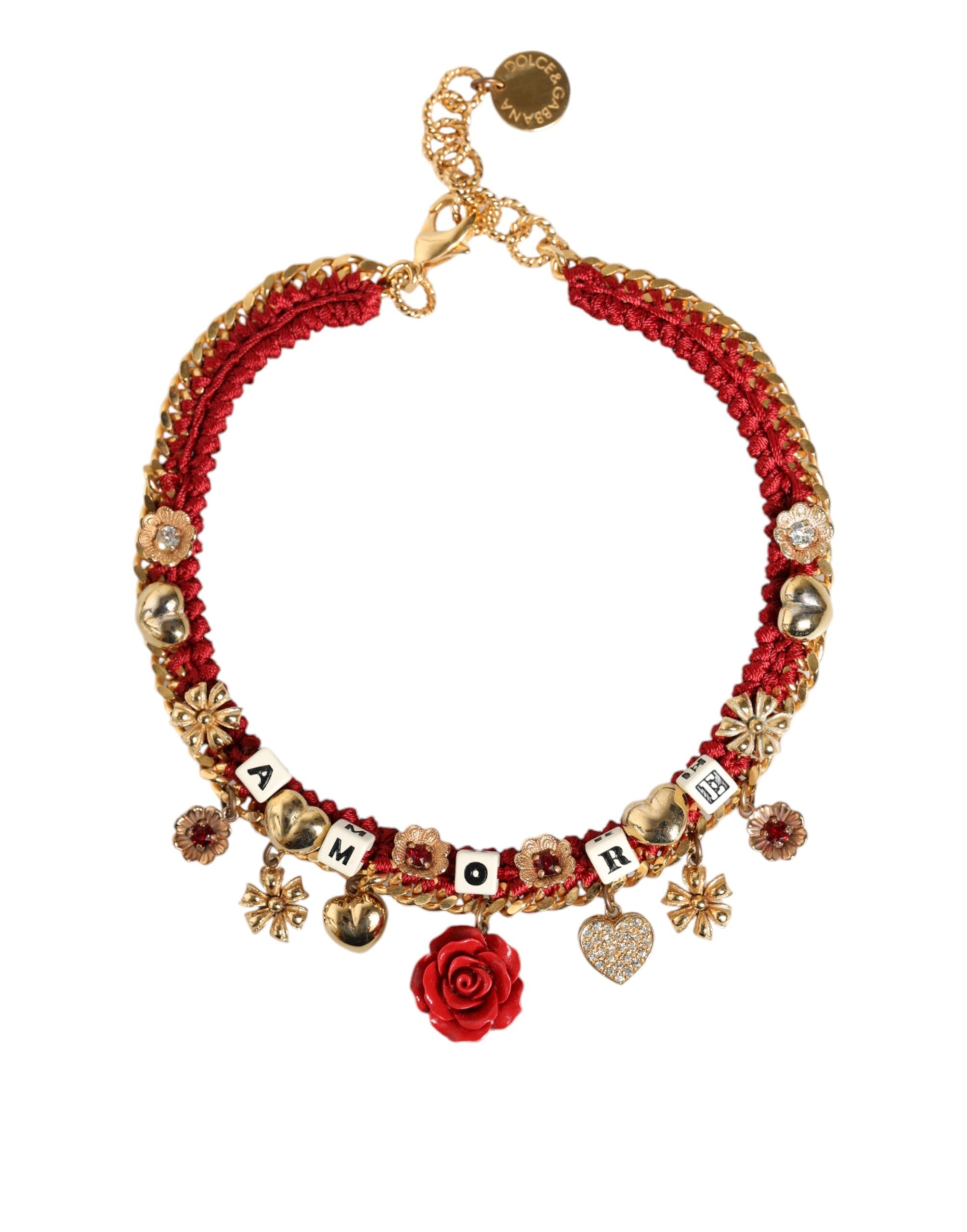 Dolce &amp; Gabbana Gold Tone Choker Amore Red Floral Woven Charm Necklace