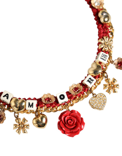 Dolce &amp; Gabbana Gold Tone Choker Amore Red Floral Woven Charm Necklace