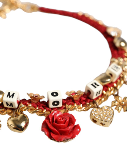 Dolce &amp; Gabbana Gold Tone Choker Amore Red Floral Woven Charm Necklace