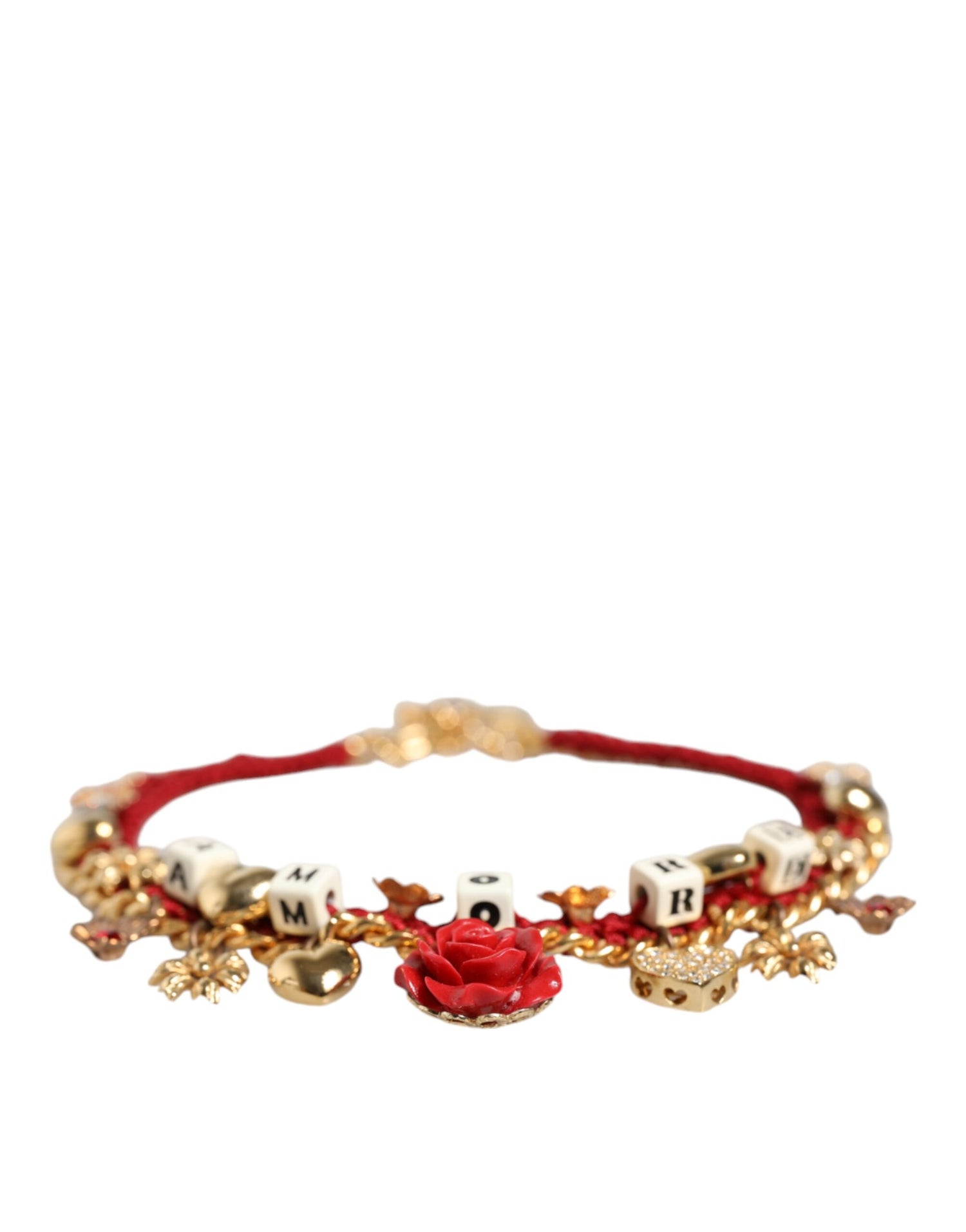 Dolce &amp; Gabbana Gold Tone Choker Amore Red Floral Woven Charm Necklace