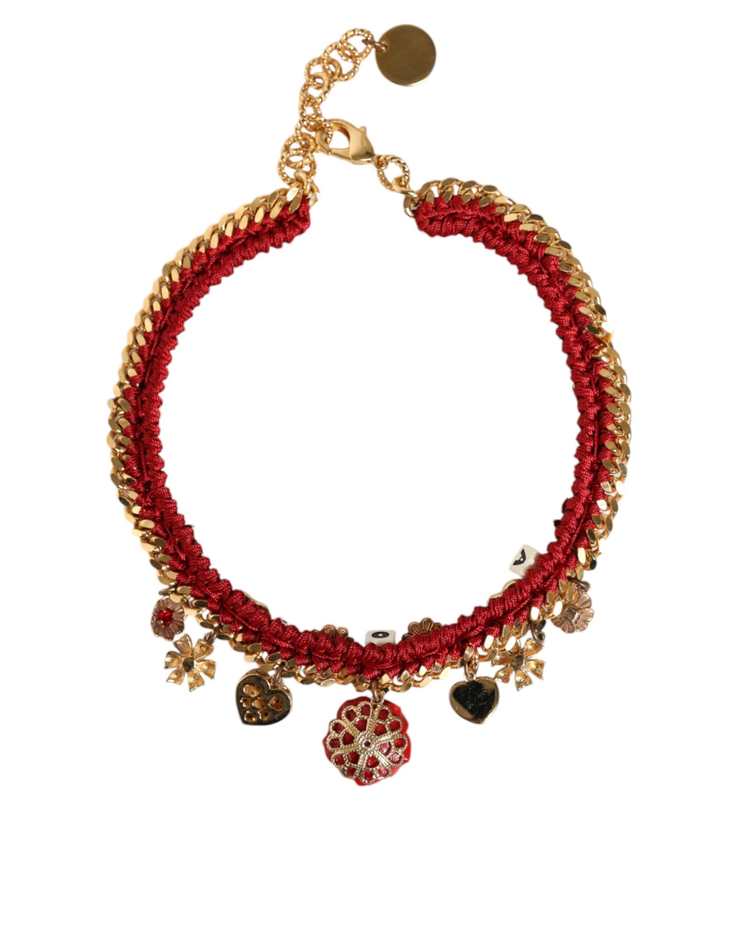 Dolce &amp; Gabbana Gold Tone Choker Amore Red Floral Woven Charm Necklace