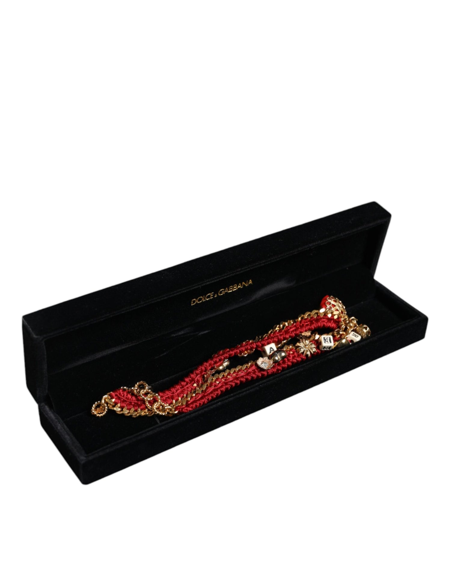 Dolce &amp; Gabbana Gold Tone Choker Amore Red Floral Woven Charm Necklace